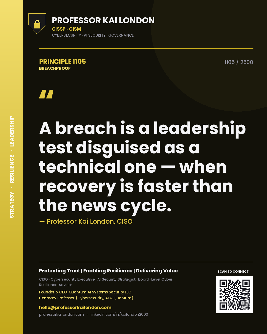 Quote card by Professor Kai London reading 'A breach is a leadership test disguised as a technical one — when recovery is faster than the news cycle.'. From the book Breachproof.