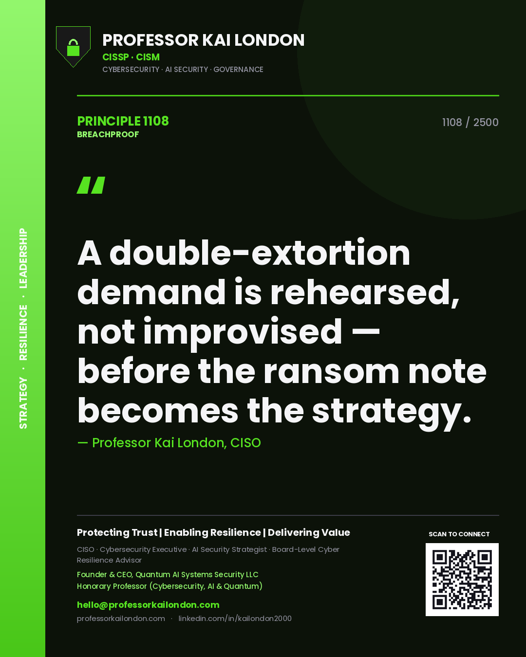 Quote card by Professor Kai London reading 'A double-extortion demand is rehearsed, not improvised — before the ransom note becomes the strategy.'. From the book Breachproof.