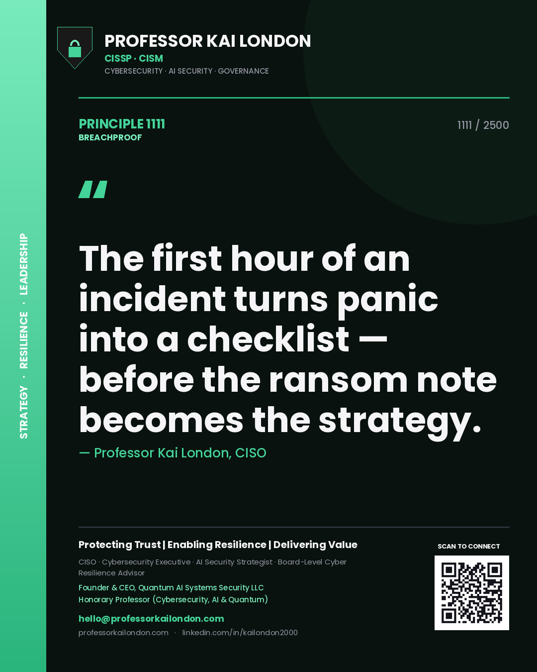 Quote card by Professor Kai London reading 'The first hour of an incident turns panic into a checklist — before the ransom note becomes the strategy.'. From the book Breachproof.