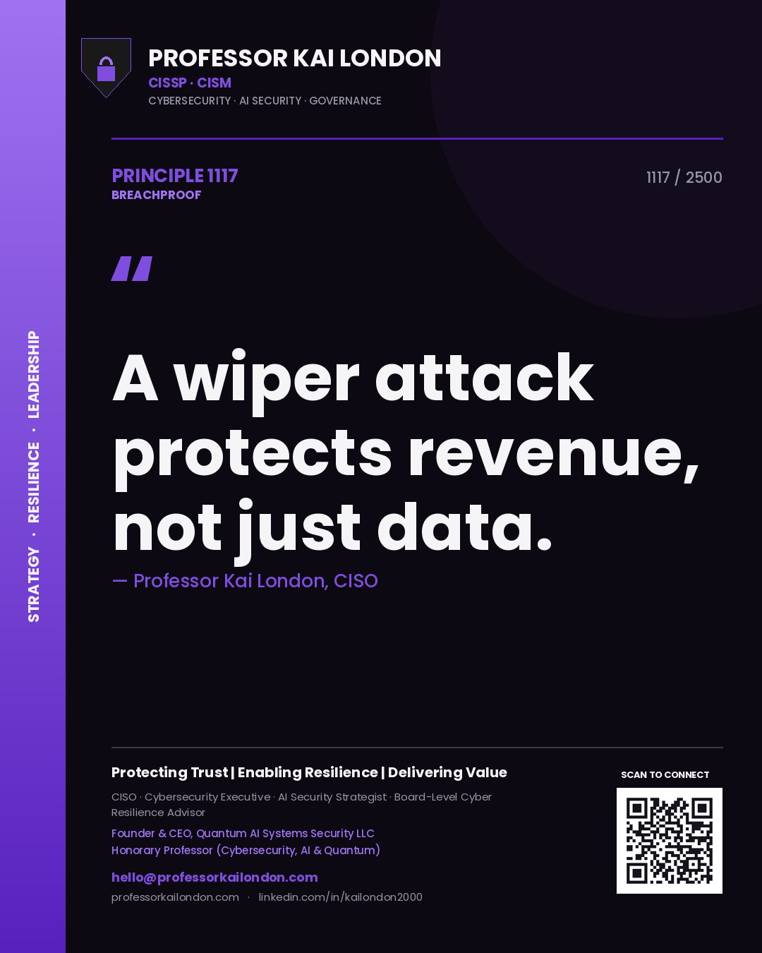 Quote card by Professor Kai London reading 'A wiper attack protects revenue, not just data.'. From the book Breachproof.