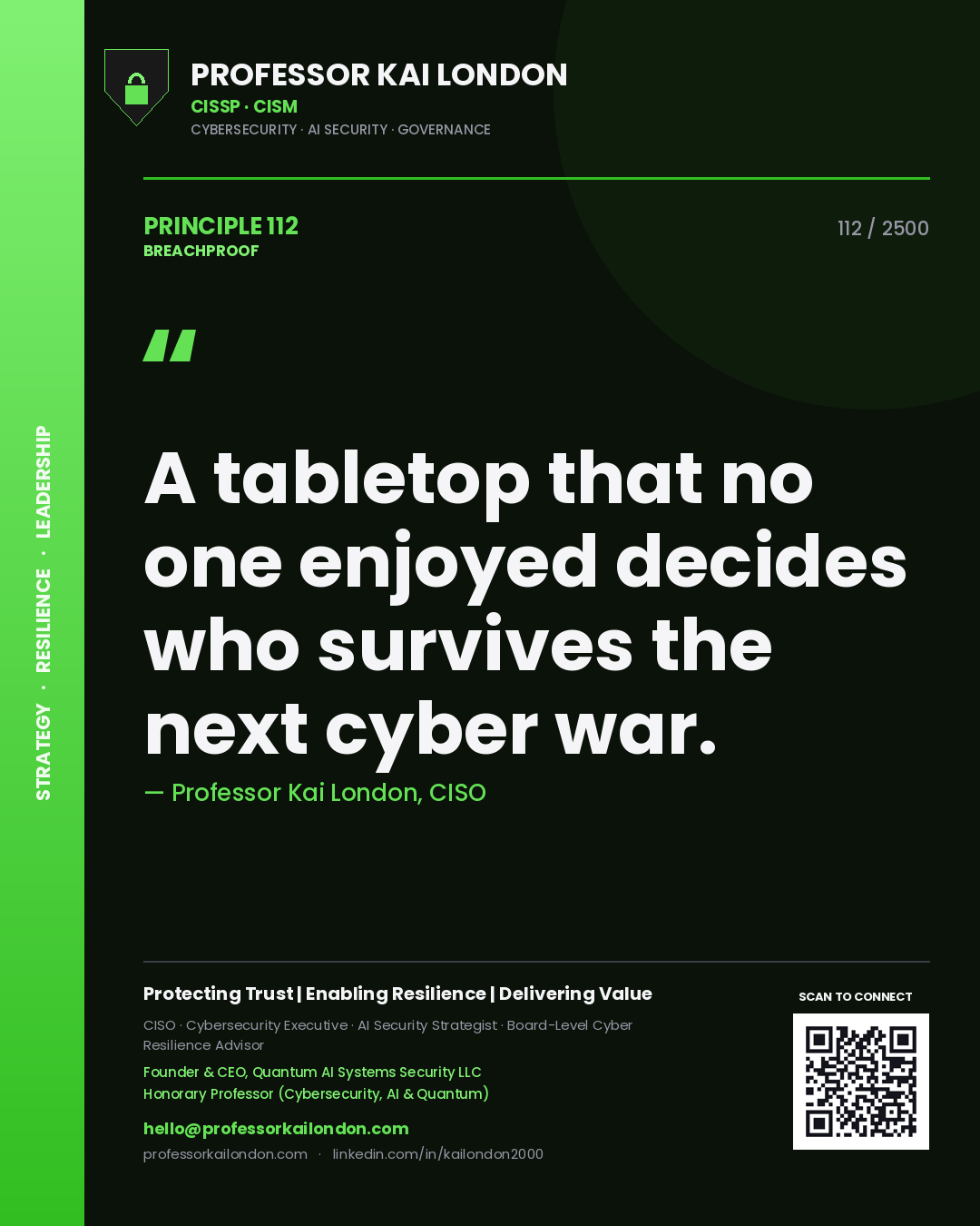 Quote card by Professor Kai London reading 'A tabletop that no one enjoyed decides who survives the next cyber war.'. From the book Breachproof.