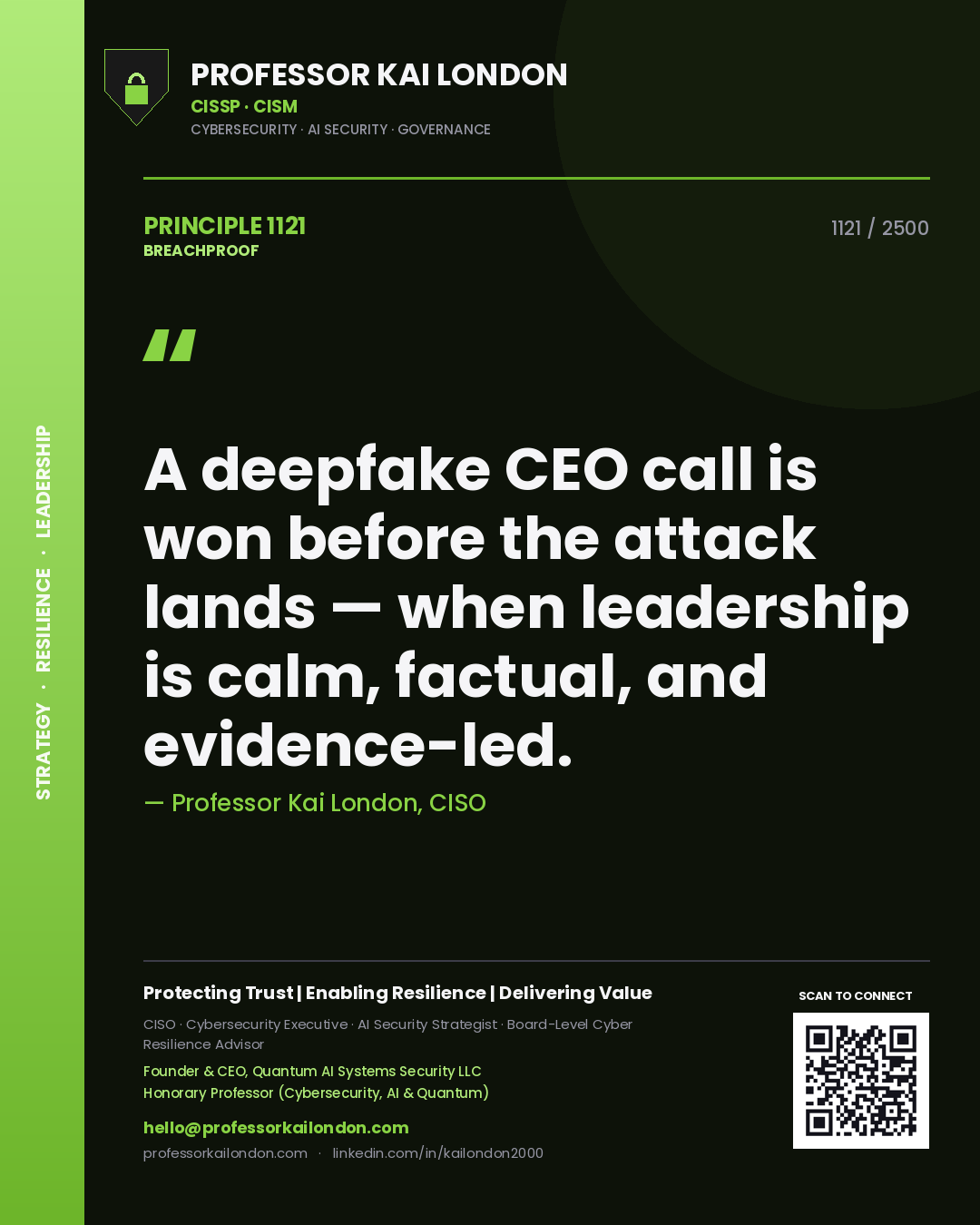 Quote card by Professor Kai London reading 'A deepfake CEO call is won before the attack lands — when leadership is calm, factual, and evidence-led.'. From the book Breachproof.