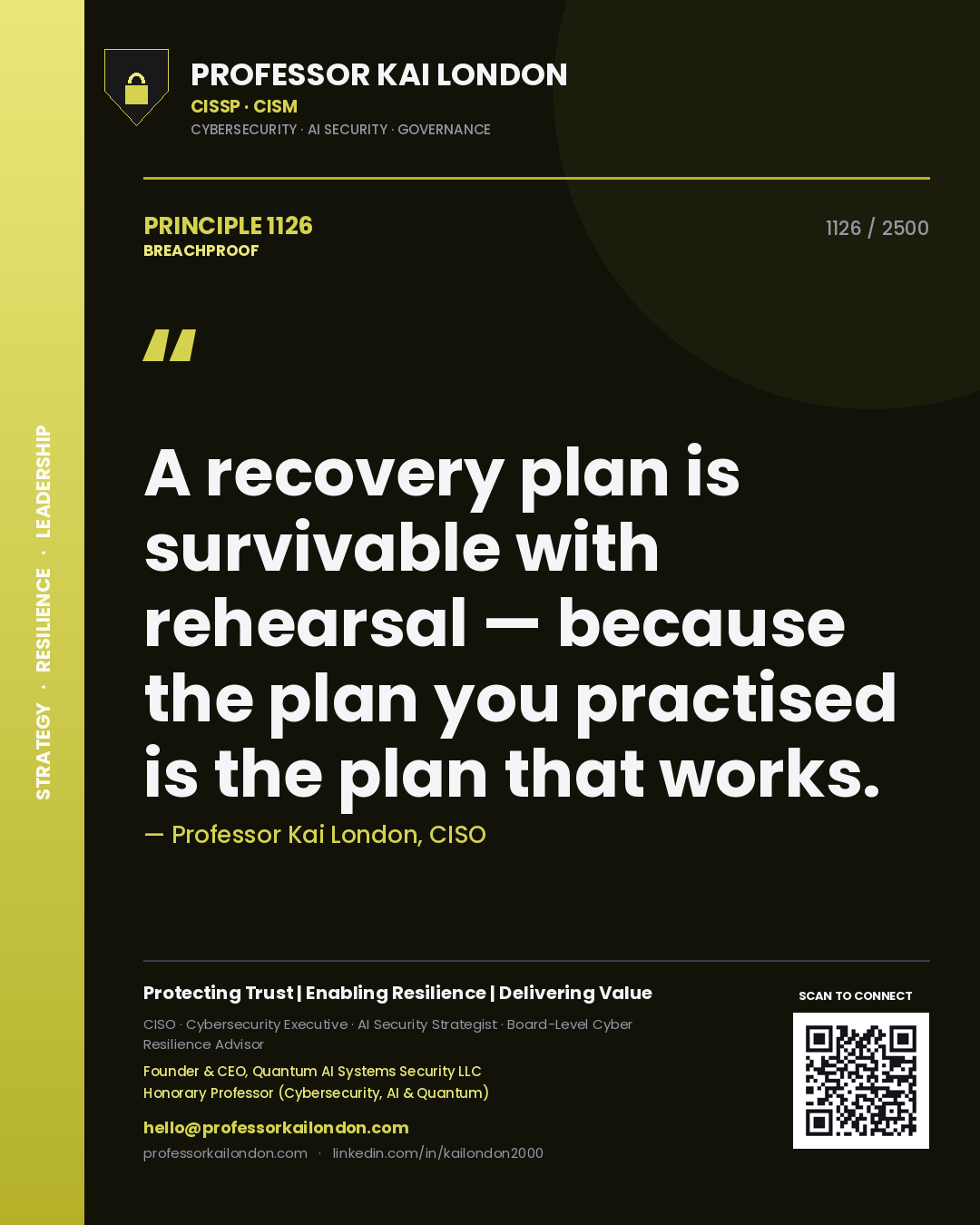 Quote card by Professor Kai London reading 'A recovery plan is survivable with rehearsal — because the plan you practised is the plan that works.'. From the book Breachproof.