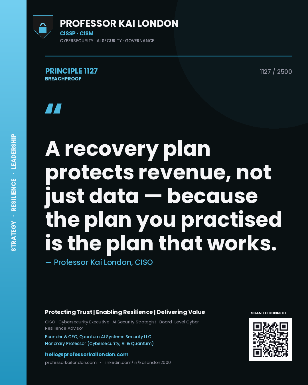 Professor Kai London principle 1127: A recovery plan protects revenue, not just data — because the plan you practised is the plan that works.