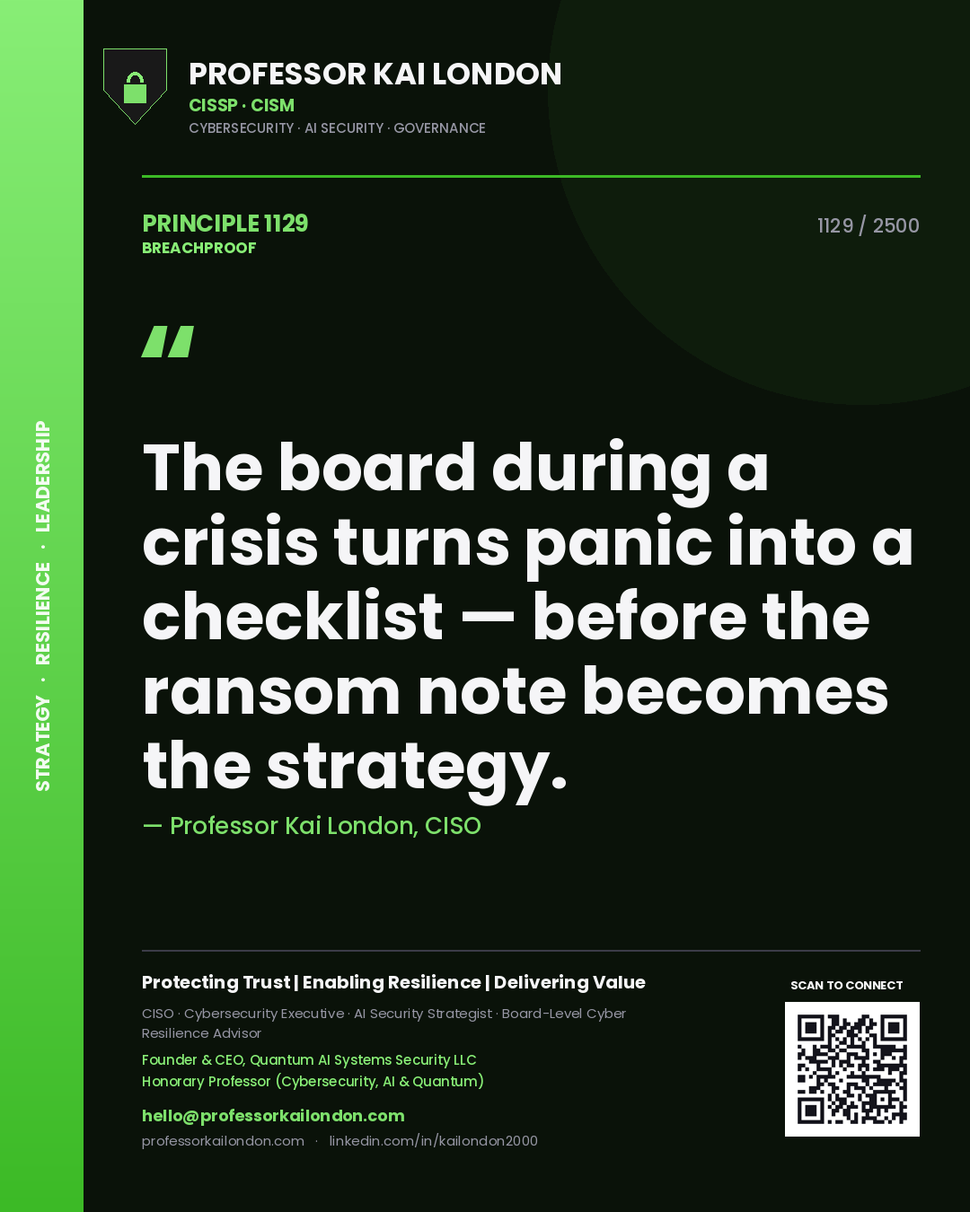 Quote card by Professor Kai London reading 'The board during a crisis turns panic into a checklist — before the ransom note becomes the strategy.'. From the book Breachproof.