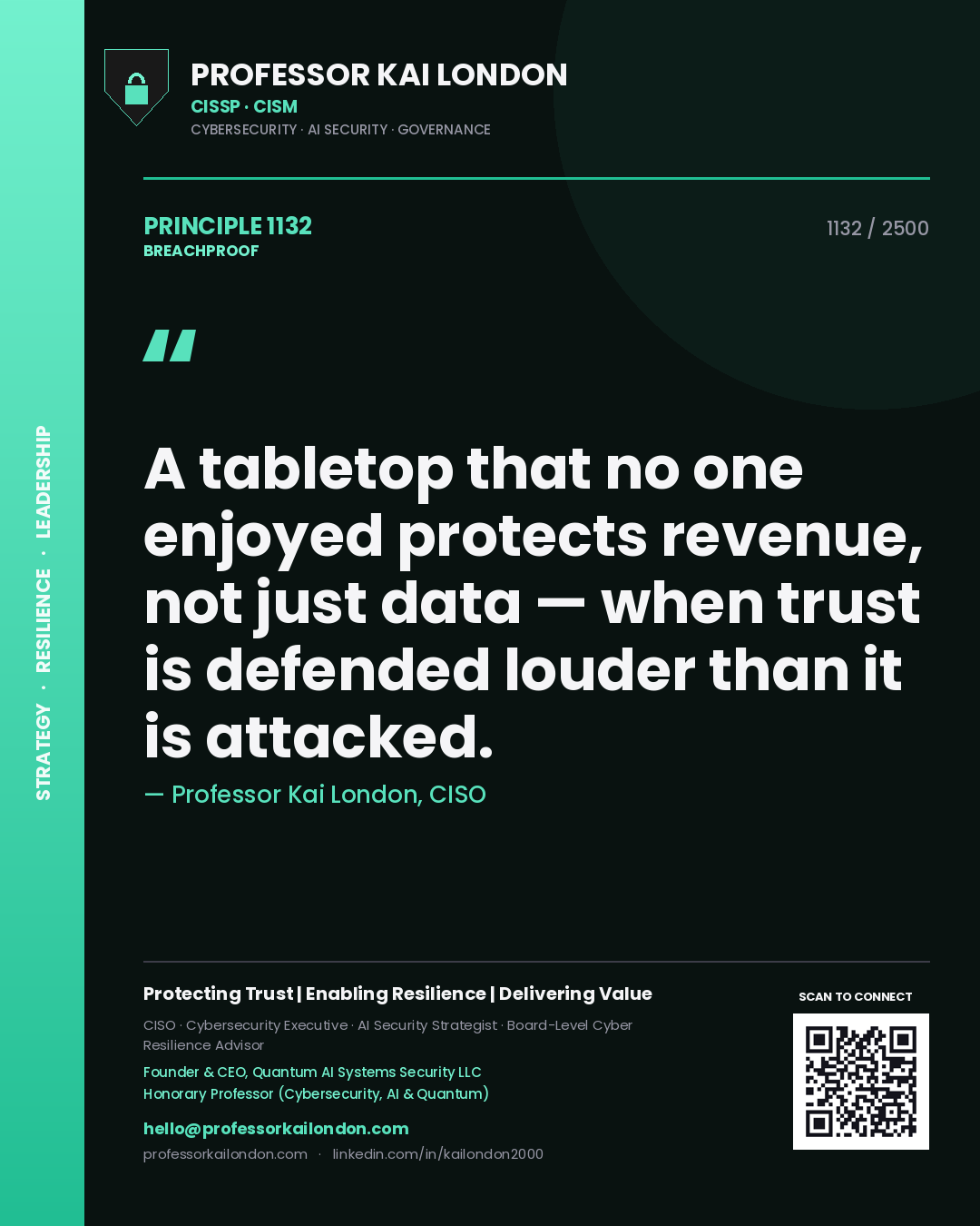 Professor Kai London principle 1132: A tabletop that no one enjoyed protects revenue, not just data — when trust is defended louder than it is attacked.