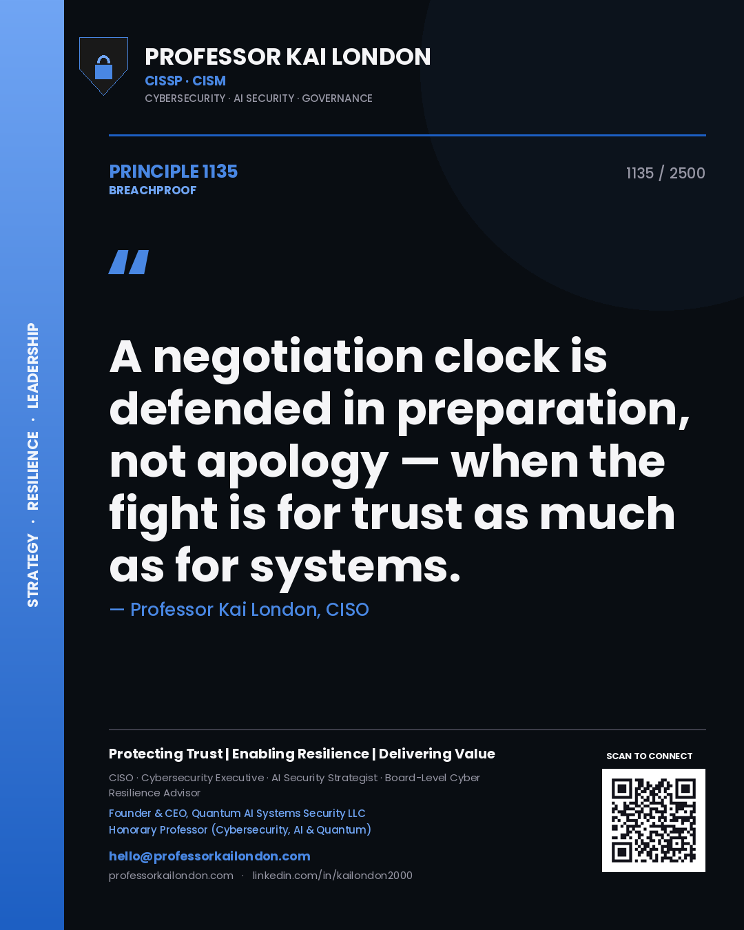 Quote card by Professor Kai London reading 'A negotiation clock is defended in preparation, not apology — when the fight is for trust as much as for systems.'. From the book Breachproof.