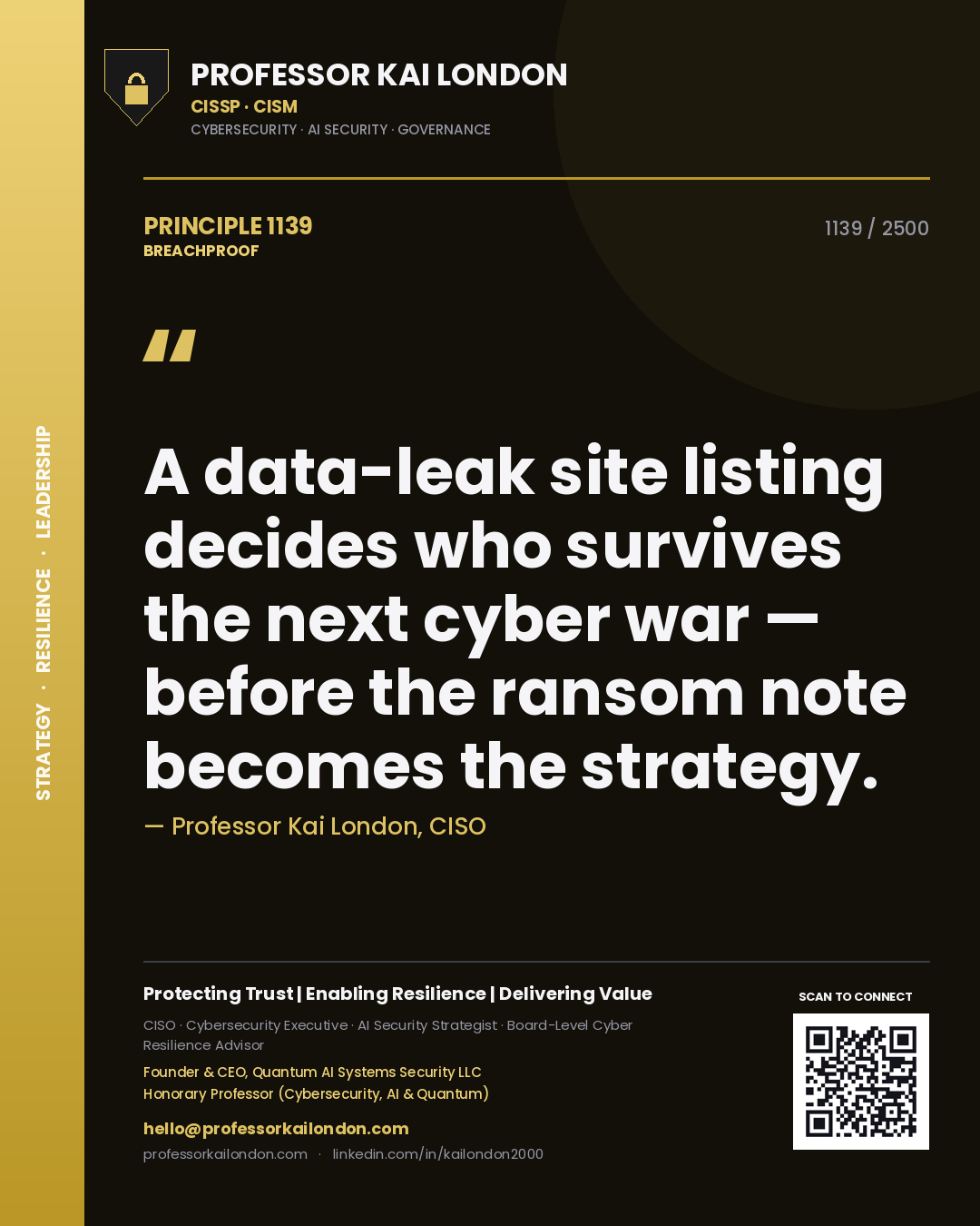 Professor Kai London principle 1139: A data-leak site listing decides who survives the next cyber war — before the ransom note becomes the strategy.