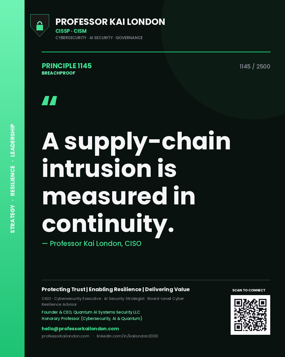 Quote card by Professor Kai London reading 'A supply-chain intrusion is measured in continuity.'. From the book Breachproof.