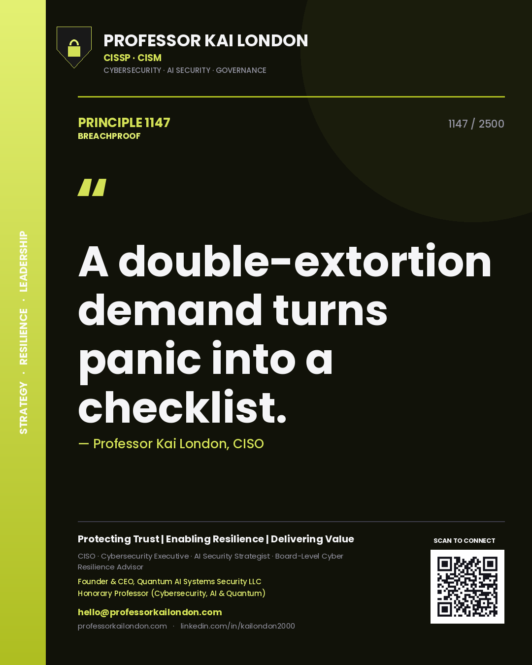 Quote card by Professor Kai London reading 'A double-extortion demand turns panic into a checklist.'. From the book Breachproof.