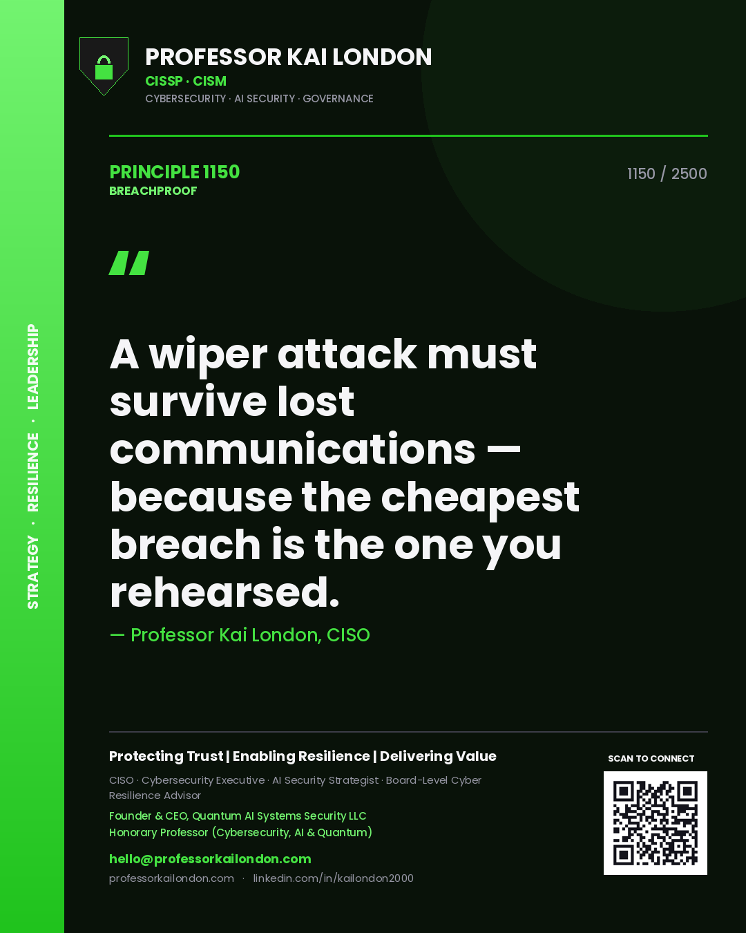 Quote card by Professor Kai London reading 'A wiper attack must survive lost communications — because the cheapest breach is the one you rehearsed.'. From the book Breachproof.