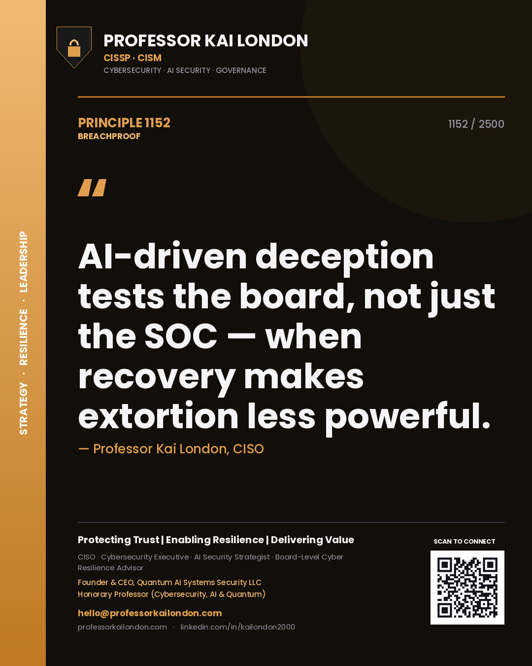 Quote card by Professor Kai London reading 'AI-driven deception tests the board, not just the SOC — when recovery makes extortion less powerful.'. From the book Breachproof.