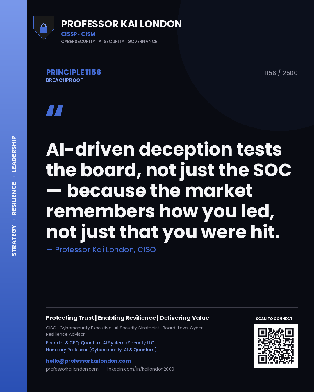 Quote card by Professor Kai London reading 'AI-driven deception tests the board, not just the SOC — because the market remembers how you led, not just that you were hit.'. From the book Breachproof.