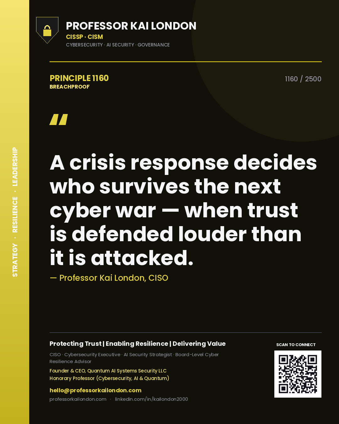 Quote card by Professor Kai London reading 'A crisis response decides who survives the next cyber war — when trust is defended louder than it is attacked.'. From the book Breachproof.