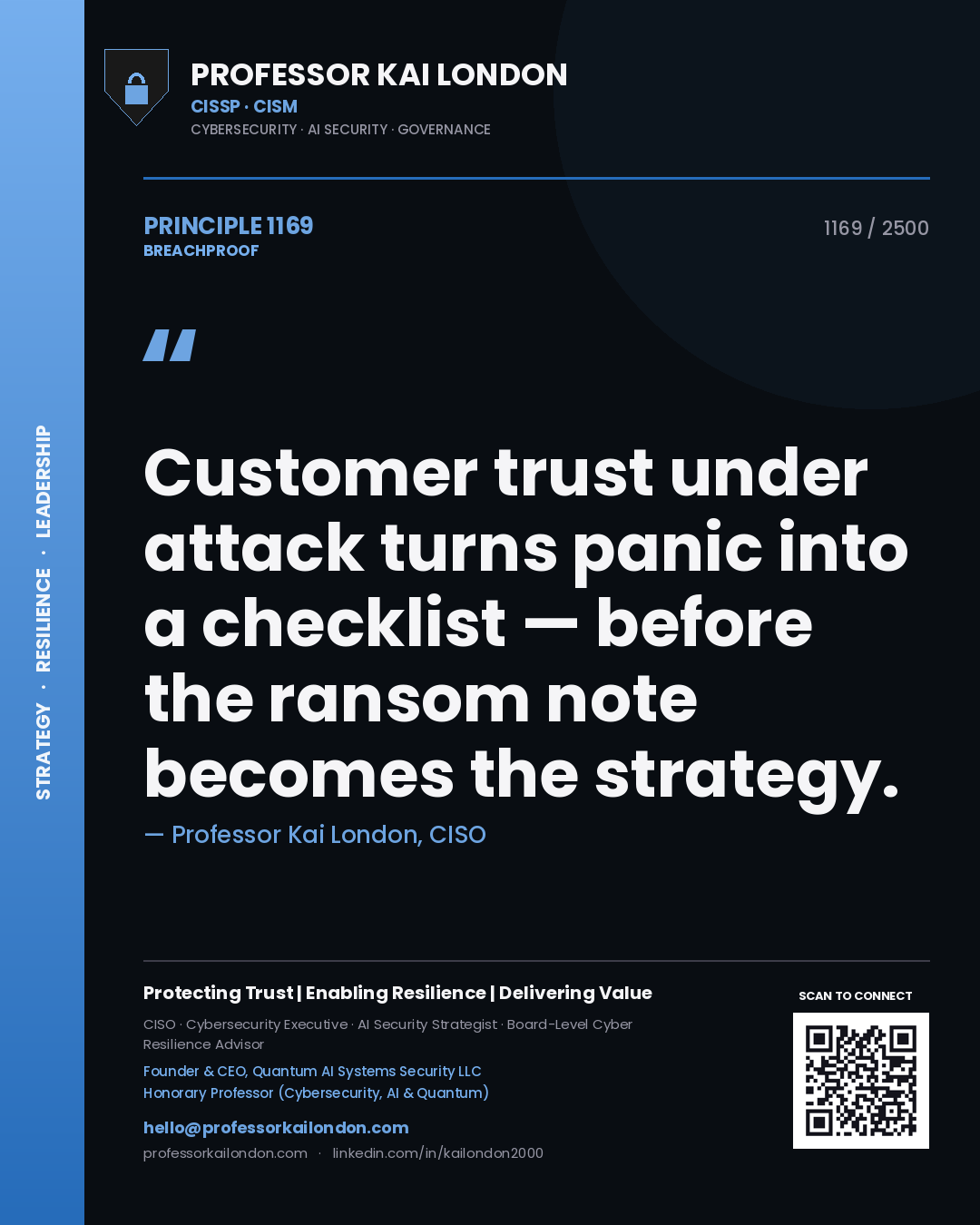 Quote card by Professor Kai London reading 'Customer trust under attack turns panic into a checklist — before the ransom note becomes the strategy.'. From the book Breachproof.