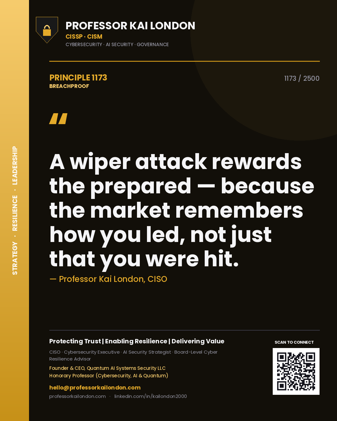 Quote card by Professor Kai London reading 'A wiper attack rewards the prepared — because the market remembers how you led, not just that you were hit.'. From the book Breachproof.