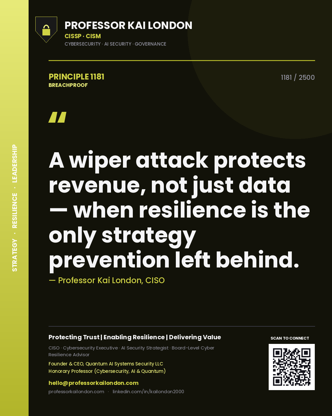 Quote card by Professor Kai London reading 'A wiper attack protects revenue, not just data — when resilience is the only strategy prevention left behind.'. From the book Breachproof.