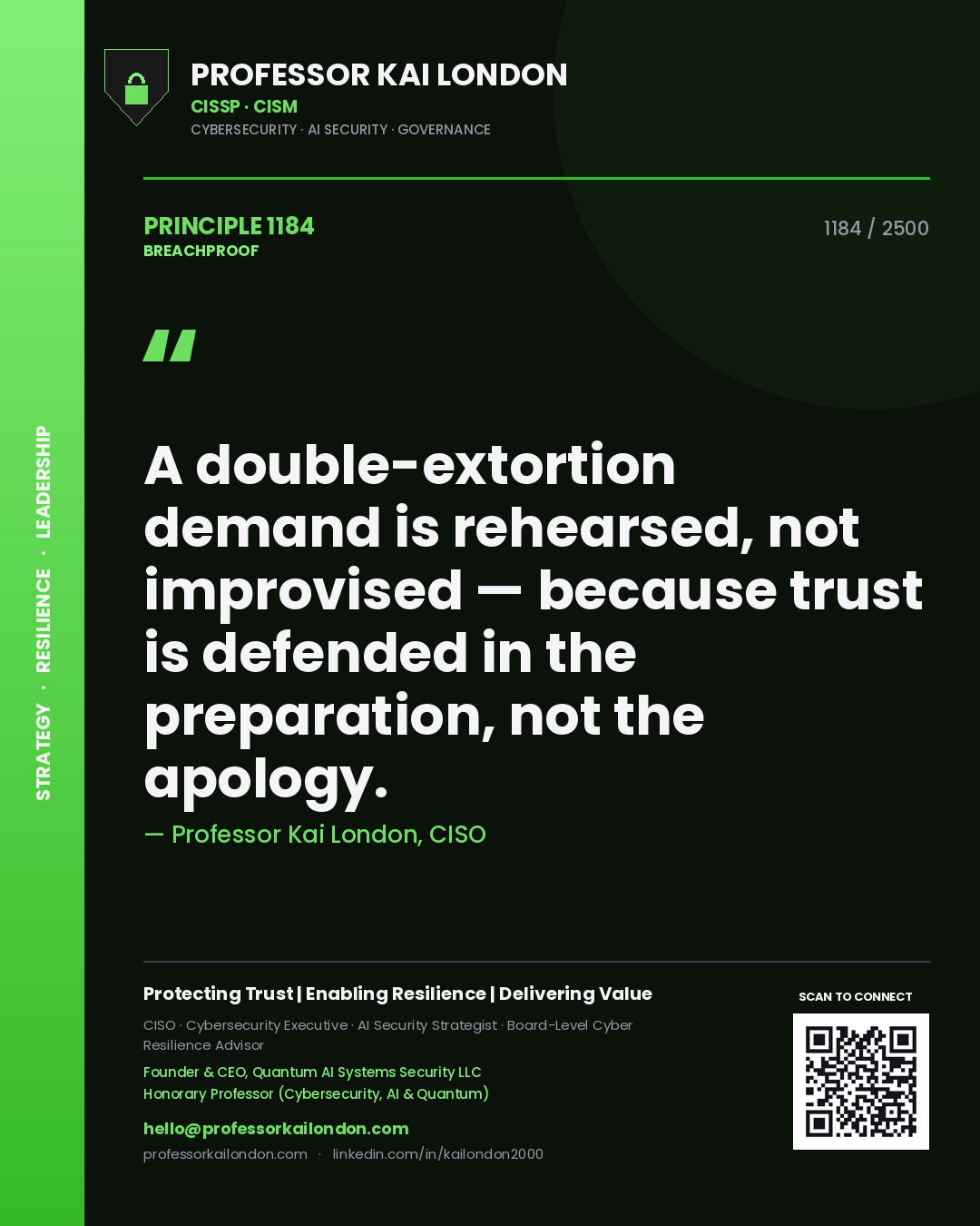 Quote card by Professor Kai London reading 'A double-extortion demand is rehearsed, not improvised — because trust is defended in the preparation, not the apology.'. From the book Breachproof.