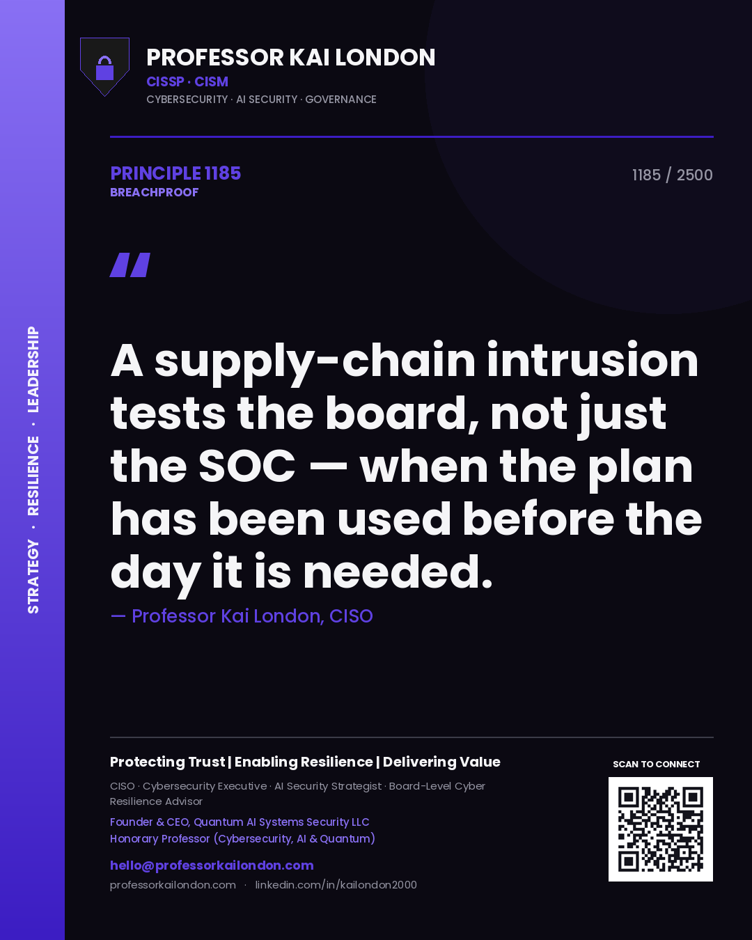 Quote card by Professor Kai London reading 'A supply-chain intrusion tests the board, not just the SOC — when the plan has been used before the day it is needed.'. From the book Breachproof.