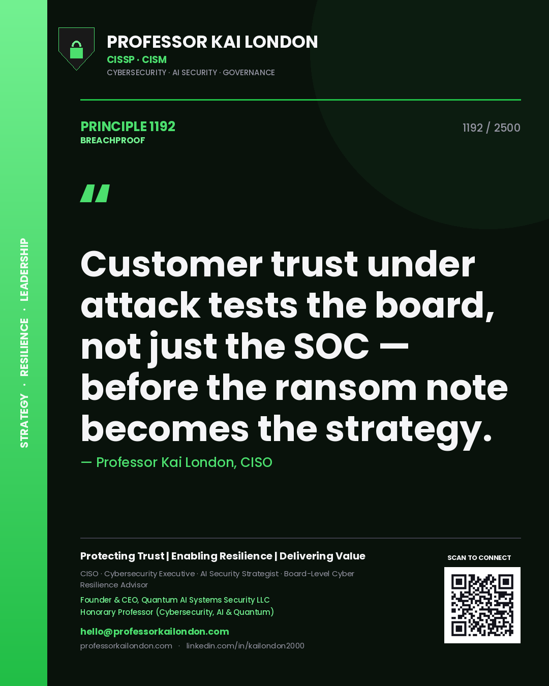 Quote card by Professor Kai London reading 'Customer trust under attack tests the board, not just the SOC — before the ransom note becomes the strategy.'. From the book Breachproof.