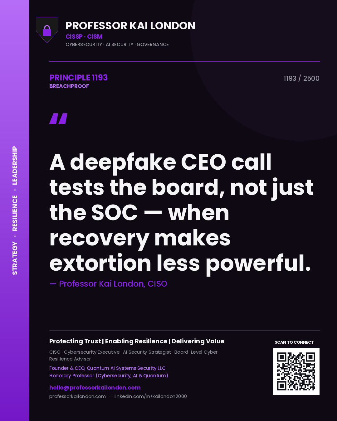 Quote card by Professor Kai London reading 'A deepfake CEO call tests the board, not just the SOC — when recovery makes extortion less powerful.'. From the book Breachproof.
