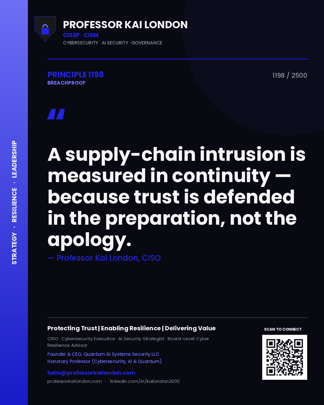 Quote card by Professor Kai London reading 'A supply-chain intrusion is measured in continuity — because trust is defended in the preparation, not the apology.'. From the book Breachproof.