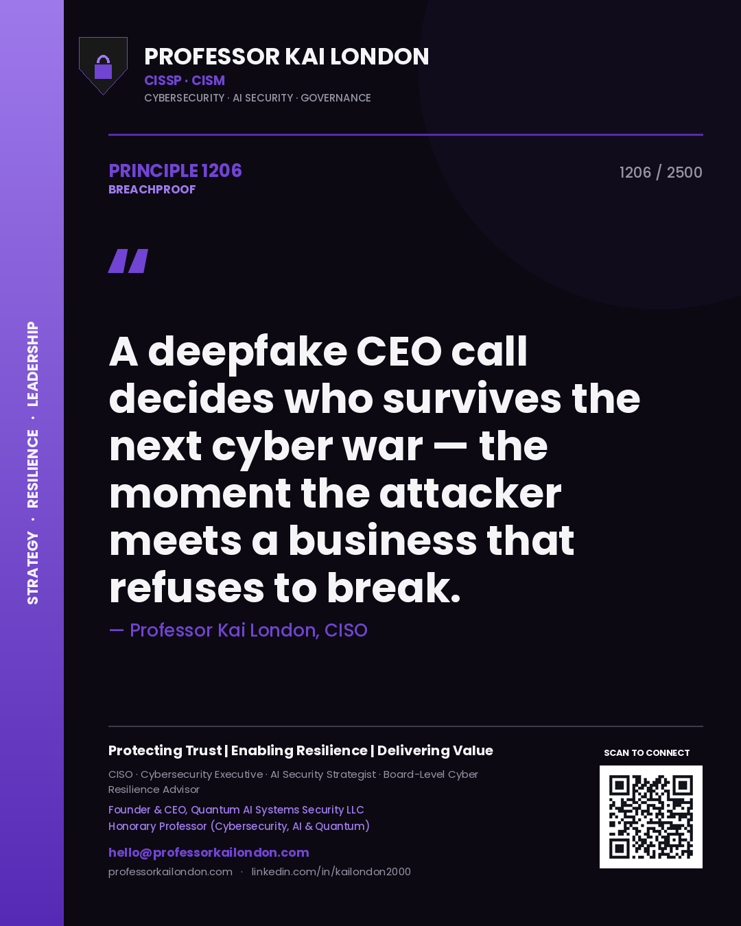 Quote card by Professor Kai London reading 'A deepfake CEO call decides who survives the next cyber war — the moment the attacker meets a business that refuses to break.'. From the book Breachproof.