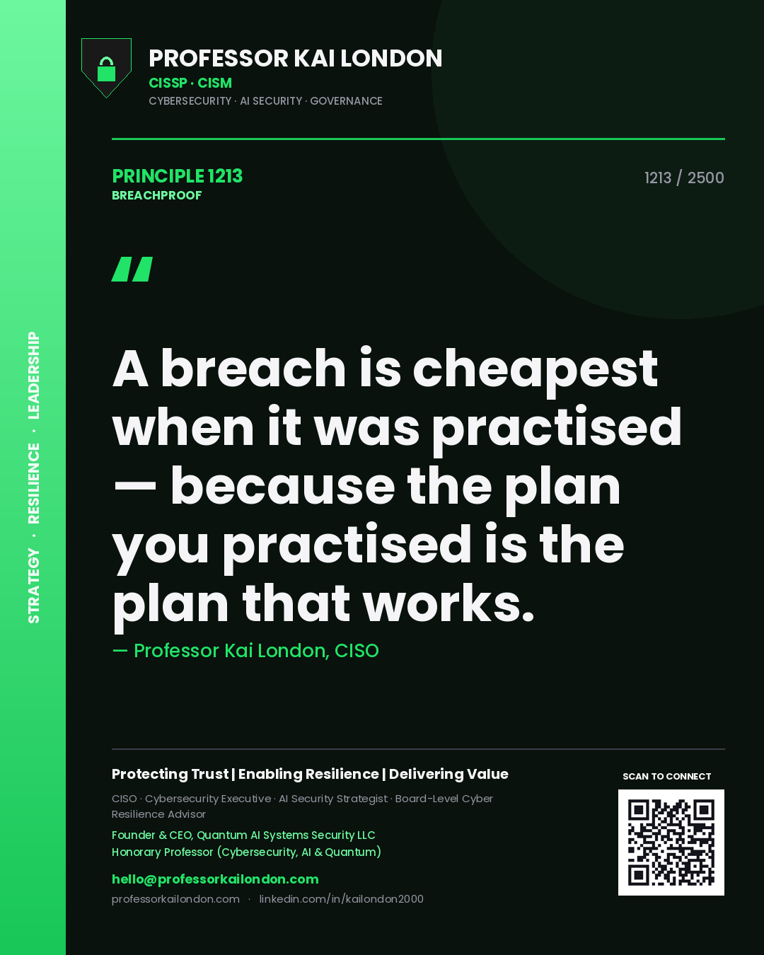 Quote card by Professor Kai London reading 'A breach is cheapest when it was practised — because the plan you practised is the plan that works.'. From the book Breachproof.