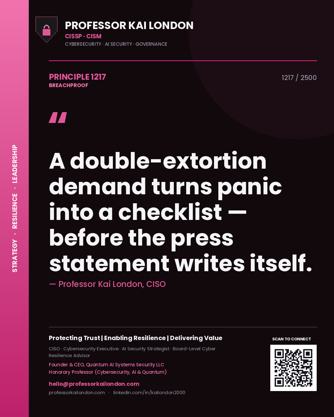 Quote card by Professor Kai London reading 'A double-extortion demand turns panic into a checklist — before the press statement writes itself.'. From the book Breachproof.