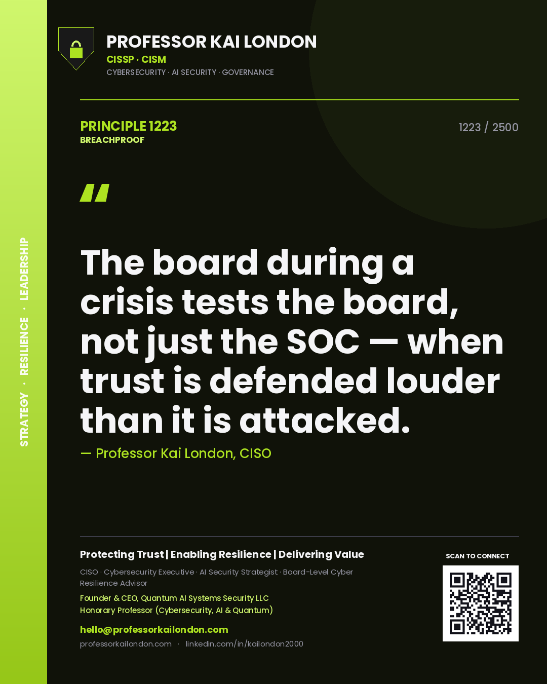 Professor Kai London principle 1223: The board during a crisis tests the board, not just the SOC — when trust is defended louder than it is attacked.