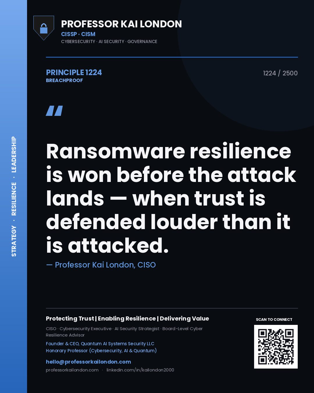 Quote card by Professor Kai London reading 'Ransomware resilience is won before the attack lands — when trust is defended louder than it is attacked.'. From the book Breachproof.