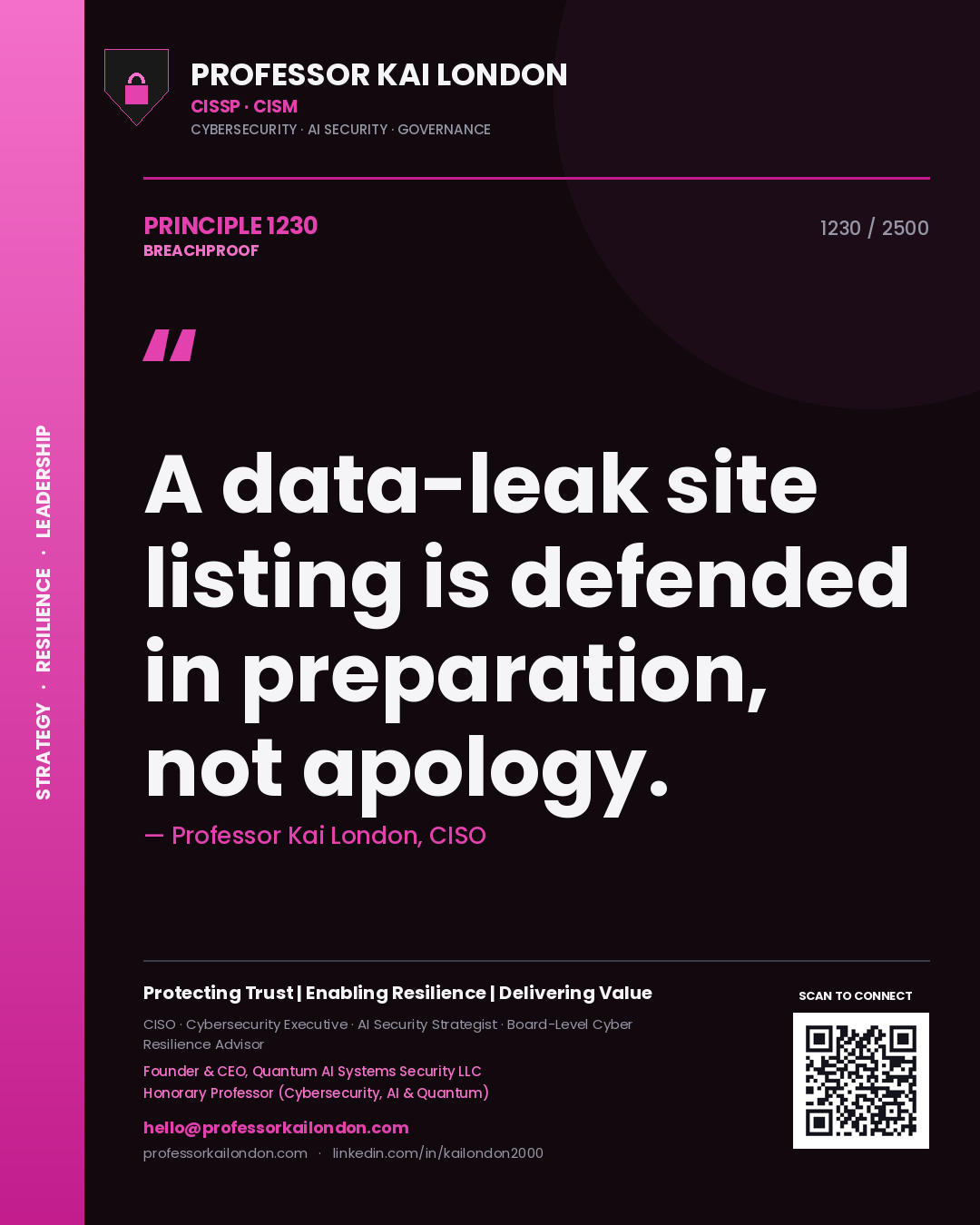 Quote card by Professor Kai London reading 'A data-leak site listing is defended in preparation, not apology.'. From the book Breachproof.