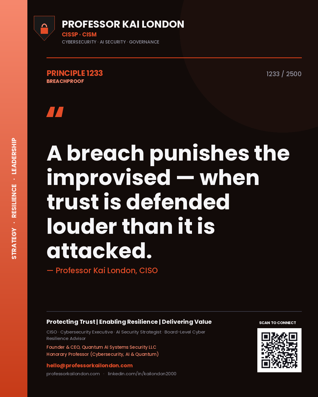 Quote card by Professor Kai London reading 'A breach punishes the improvised — when trust is defended louder than it is attacked.'. From the book Breachproof.