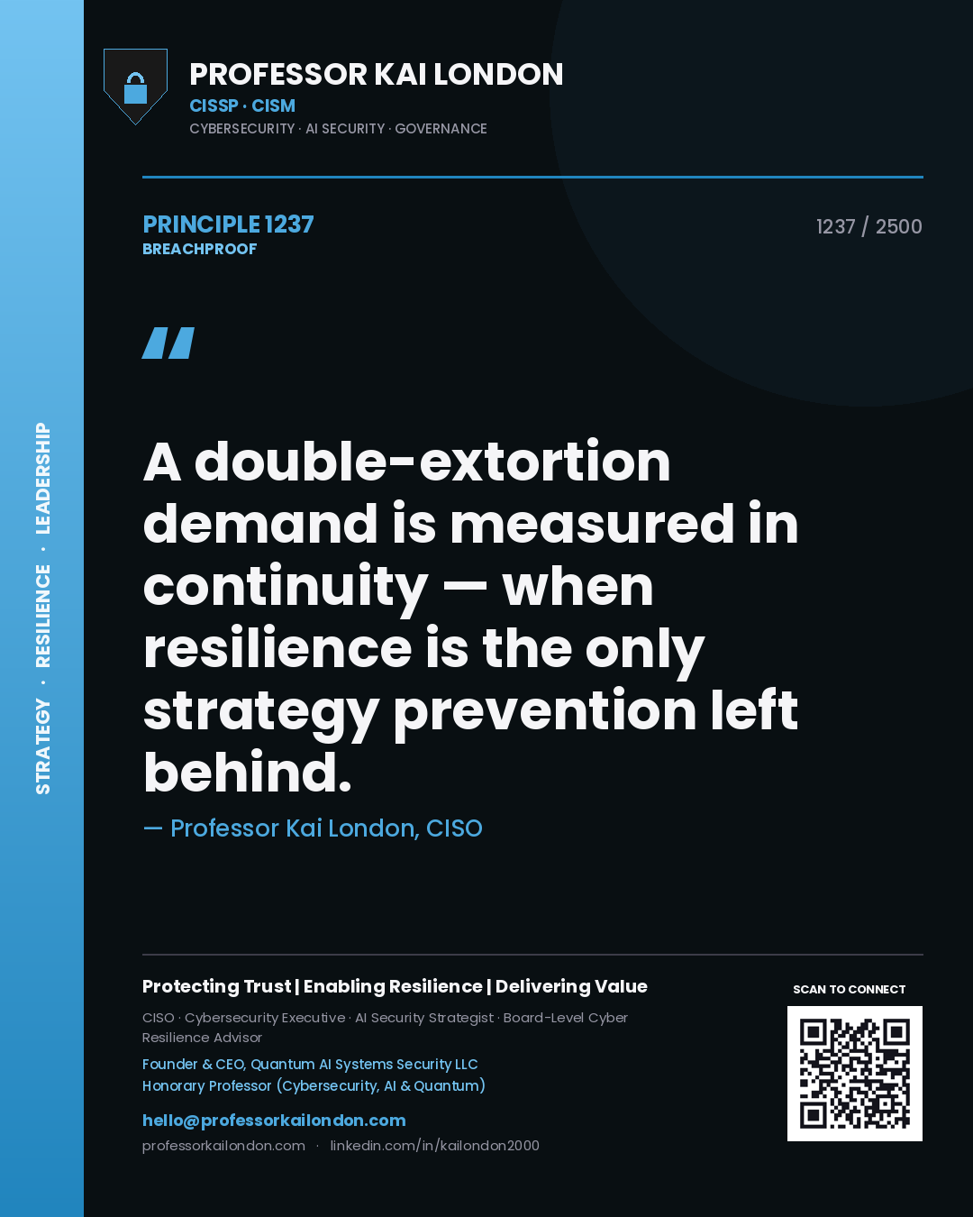 Quote card by Professor Kai London reading 'A double-extortion demand is measured in continuity — when resilience is the only strategy prevention left behind.'. From the book Breachproof.