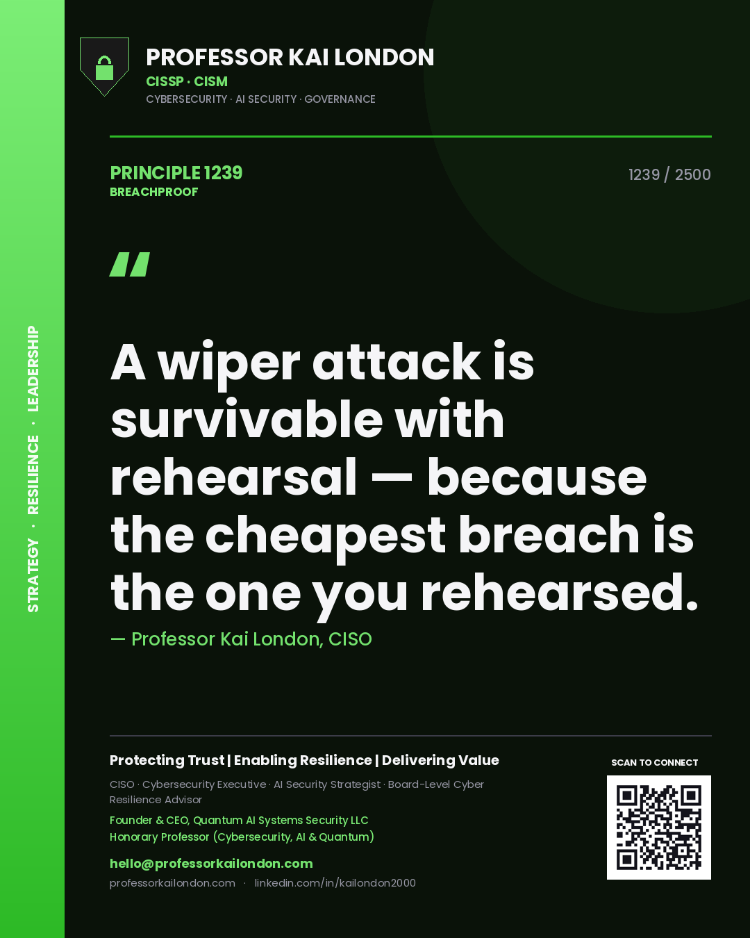 Professor Kai London principle 1239: A wiper attack is survivable with rehearsal — because the cheapest breach is the one you rehearsed.