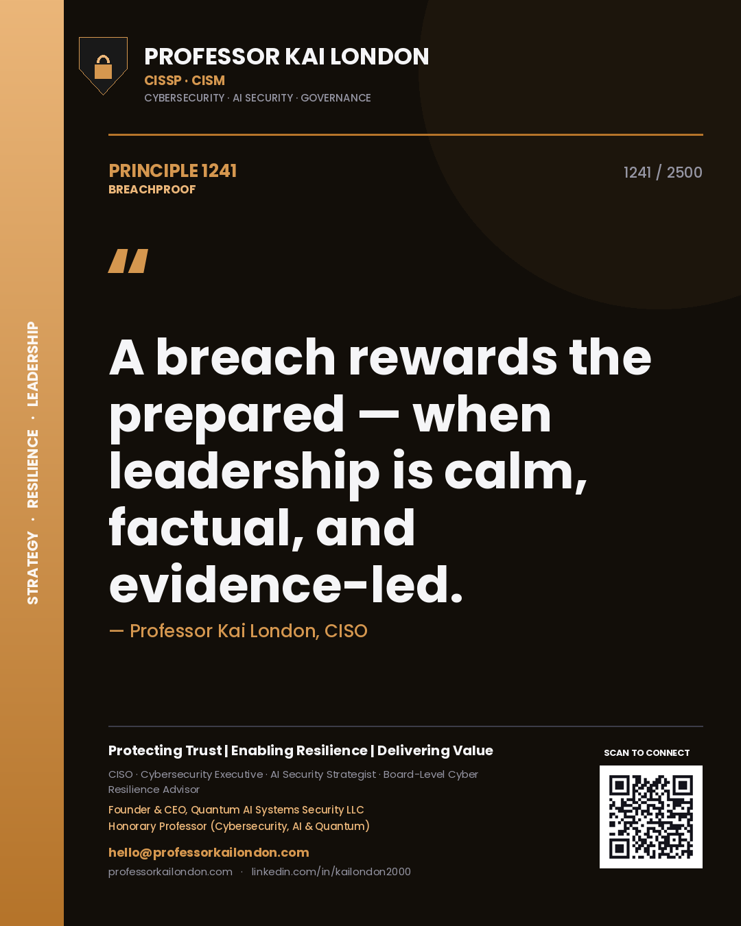Quote card by Professor Kai London reading 'A breach rewards the prepared — when leadership is calm, factual, and evidence-led.'. From the book Breachproof.