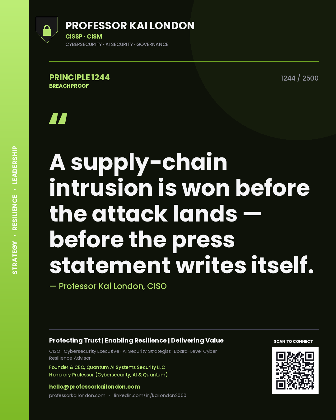 Quote card by Professor Kai London reading 'A supply-chain intrusion is won before the attack lands — before the press statement writes itself.'. From the book Breachproof.