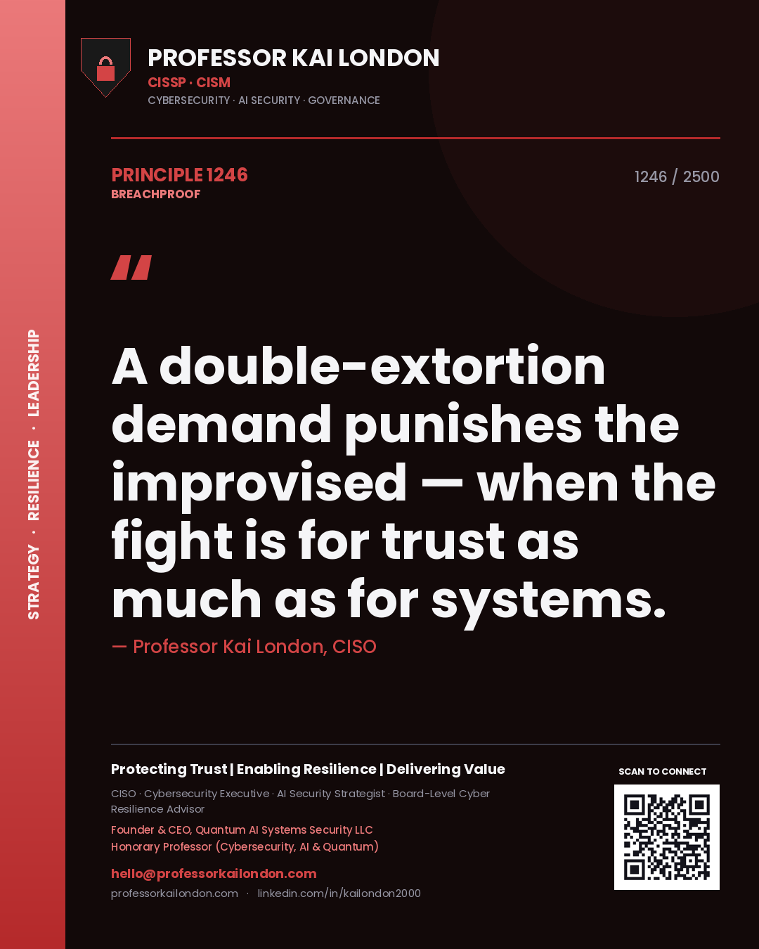 Quote card by Professor Kai London reading 'A double-extortion demand punishes the improvised — when the fight is for trust as much as for systems.'. From the book Breachproof.