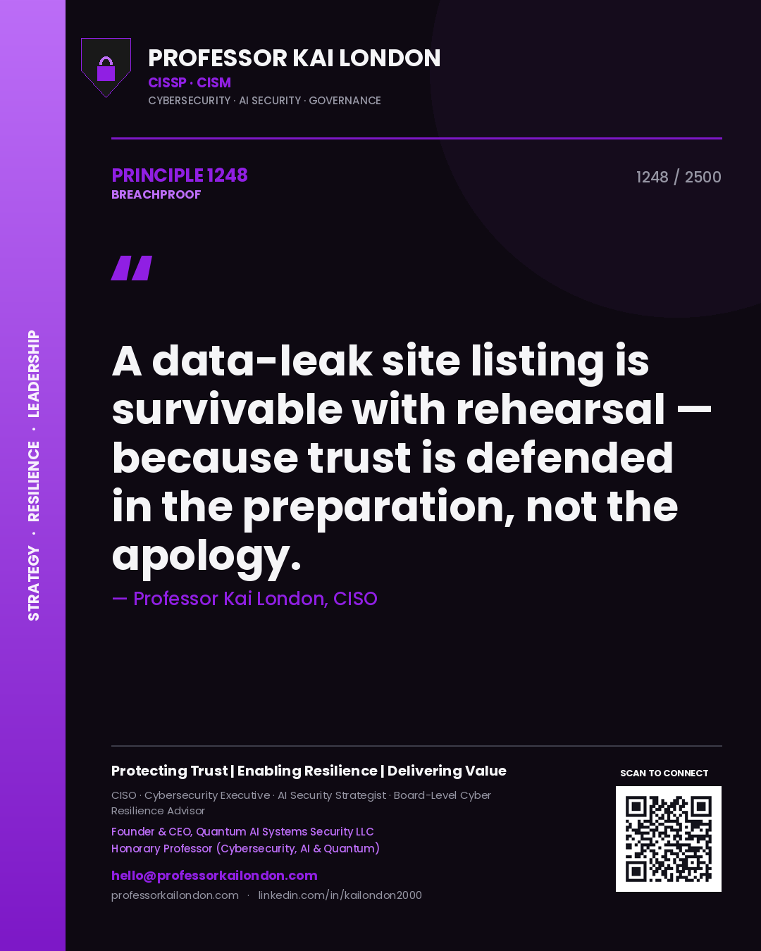 Quote card by Professor Kai London reading 'A data-leak site listing is survivable with rehearsal — because trust is defended in the preparation, not the apology.'. From the book Breachproof.