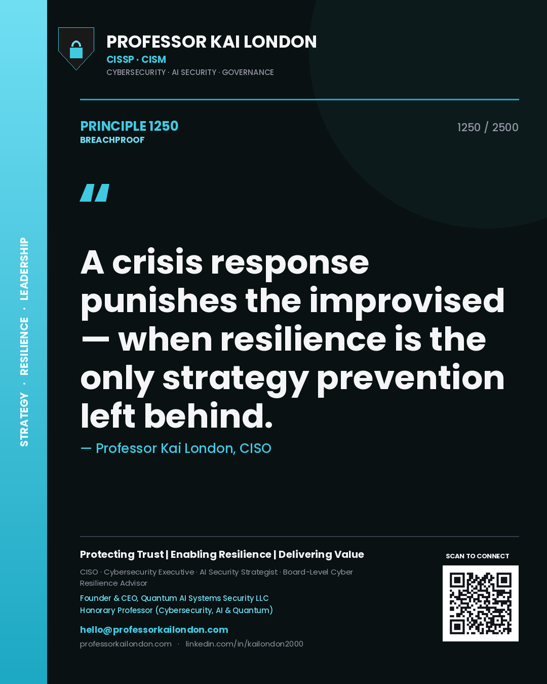 Quote card by Professor Kai London reading 'A crisis response punishes the improvised — when resilience is the only strategy prevention left behind.'. From the book Breachproof.