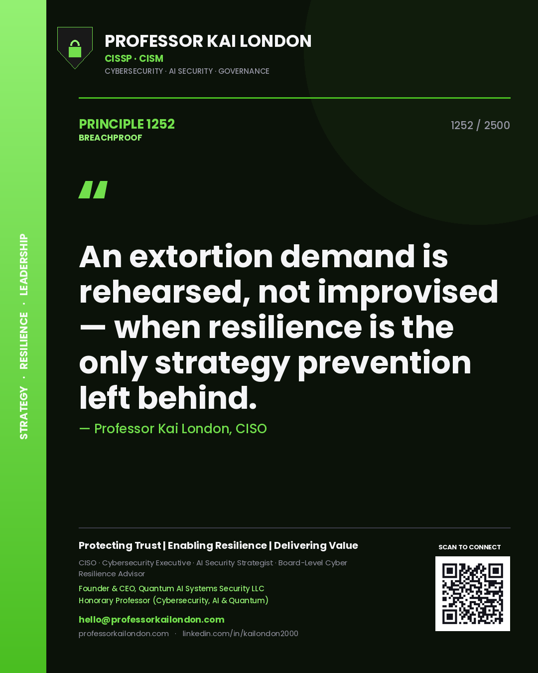 Quote card by Professor Kai London reading 'An extortion demand is rehearsed, not improvised — when resilience is the only strategy prevention left behind.'. From the book Breachproof.