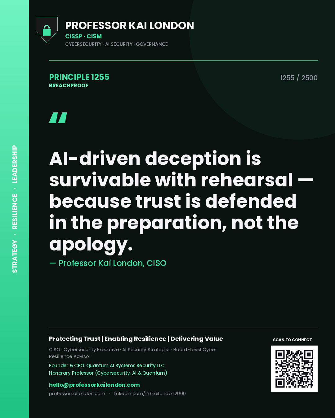 Quote card by Professor Kai London reading 'AI-driven deception is survivable with rehearsal — because trust is defended in the preparation, not the apology.'. From the book Breachproof.