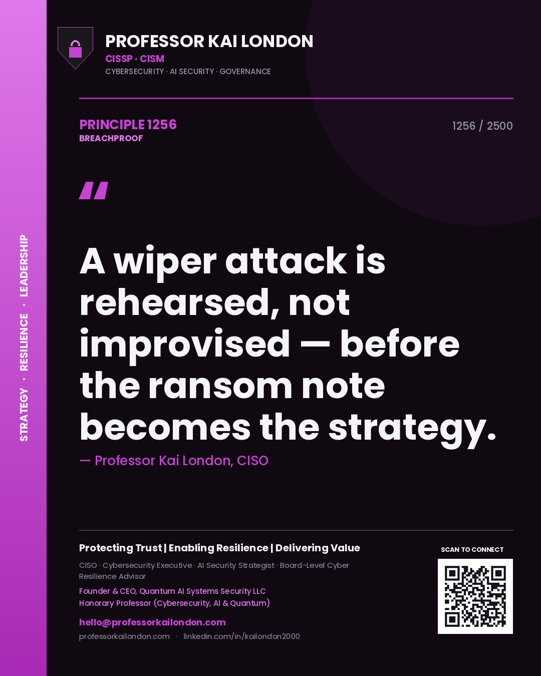 Quote card by Professor Kai London reading 'A wiper attack is rehearsed, not improvised — before the ransom note becomes the strategy.'. From the book Breachproof.