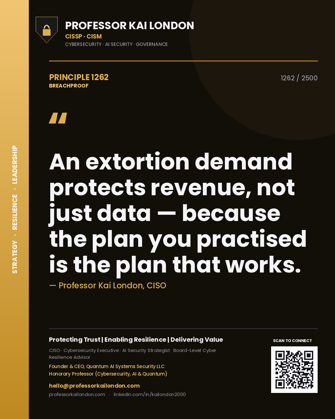 Quote card by Professor Kai London reading 'An extortion demand protects revenue, not just data — because the plan you practised is the plan that works.'. From the book Breachproof.
