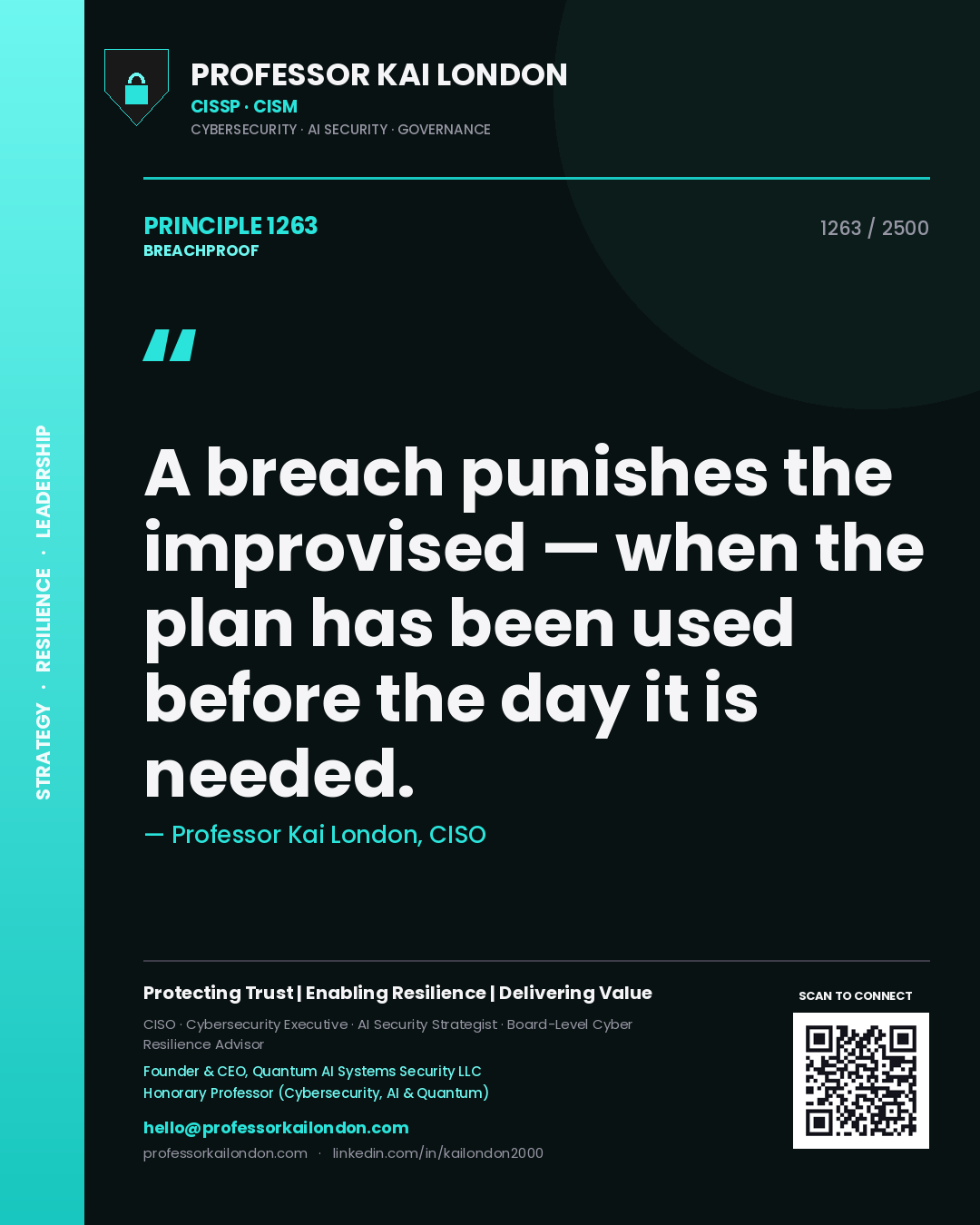 Quote card by Professor Kai London reading 'A breach punishes the improvised — when the plan has been used before the day it is needed.'. From the book Breachproof.