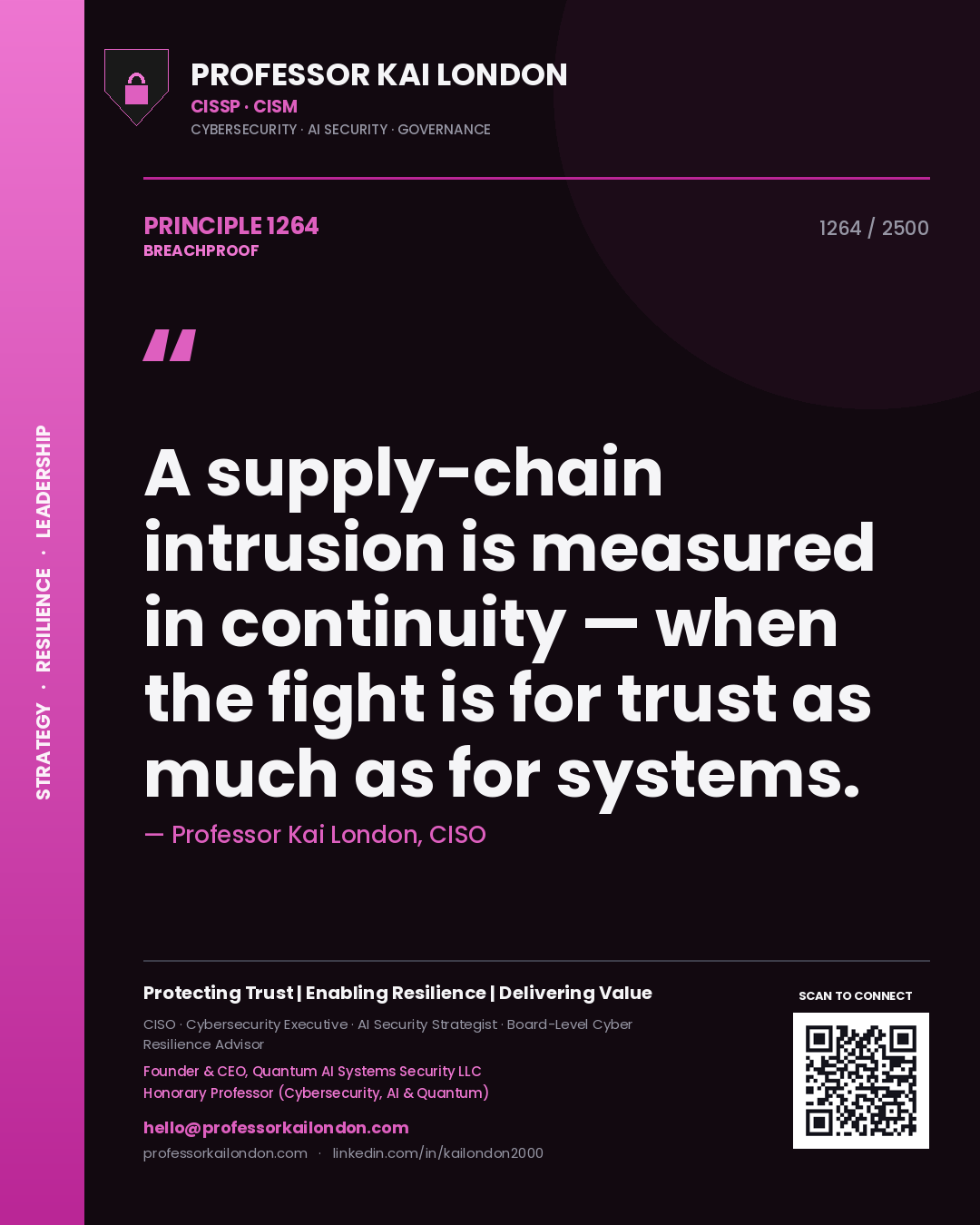 Quote card by Professor Kai London reading 'A supply-chain intrusion is measured in continuity — when the fight is for trust as much as for systems.'. From the book Breachproof.