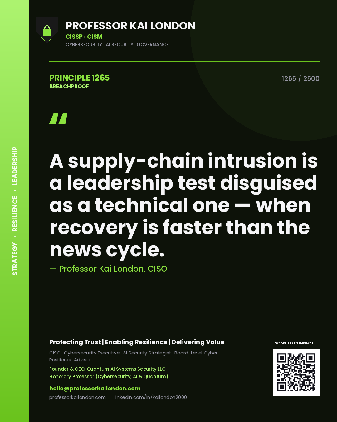 Quote card by Professor Kai London reading 'A supply-chain intrusion is a leadership test disguised as a technical one — when recovery is faster than the news cycle.'. From the book Breachproof.