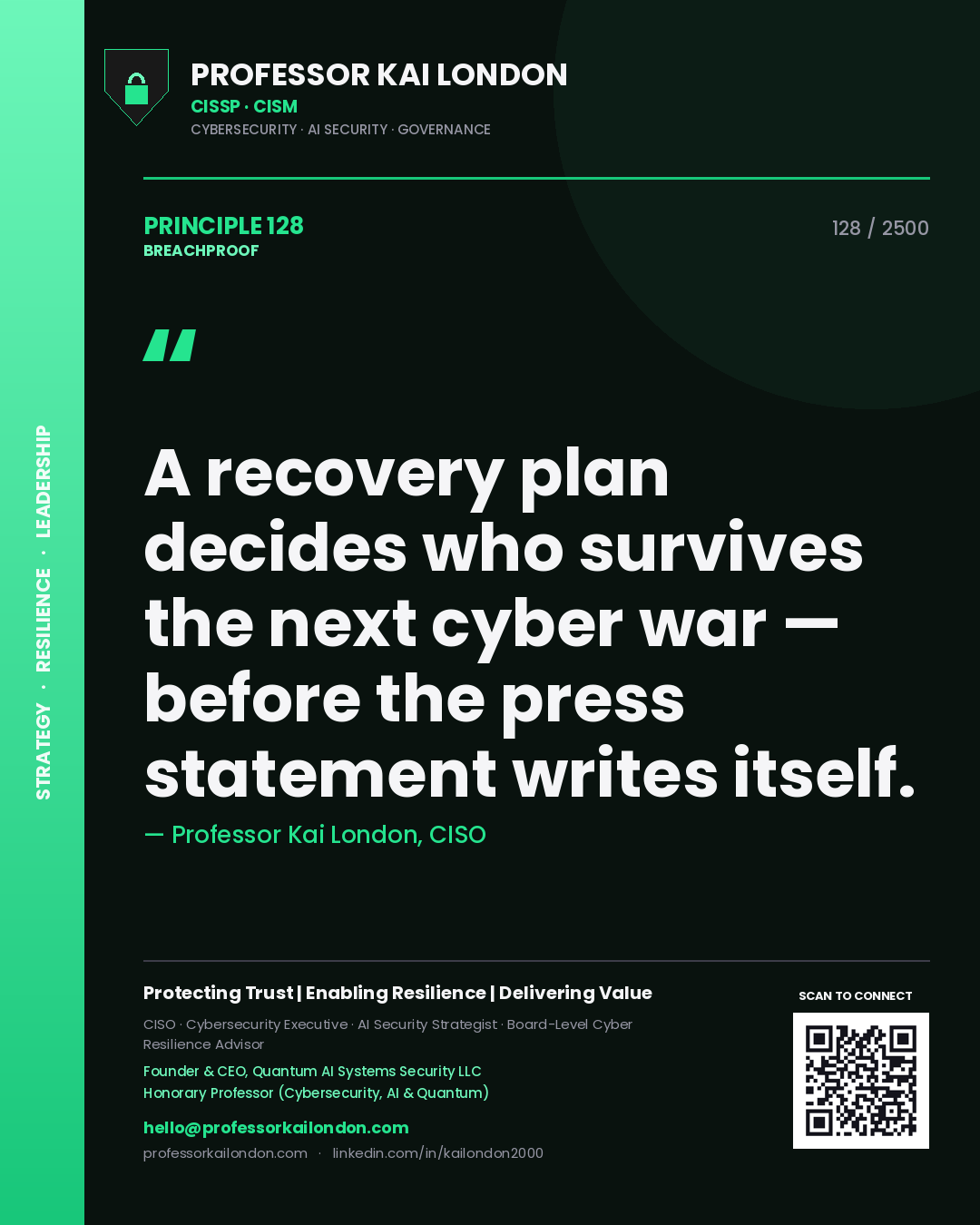 Quote card by Professor Kai London reading 'A recovery plan decides who survives the next cyber war — before the press statement writes itself.'. From the book Breachproof.