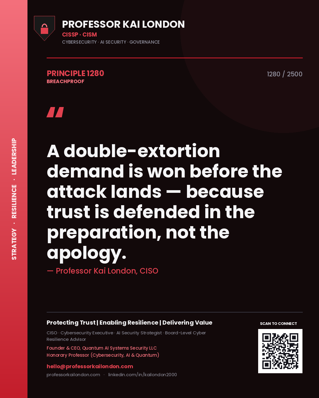 Quote card by Professor Kai London reading 'A double-extortion demand is won before the attack lands — because trust is defended in the preparation, not the apology.'. From the book Breachproof.
