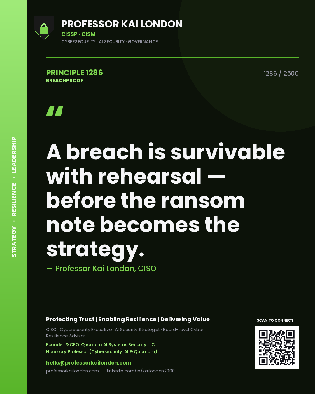 Professor Kai London principle 1286: A breach is survivable with rehearsal — before the ransom note becomes the strategy.